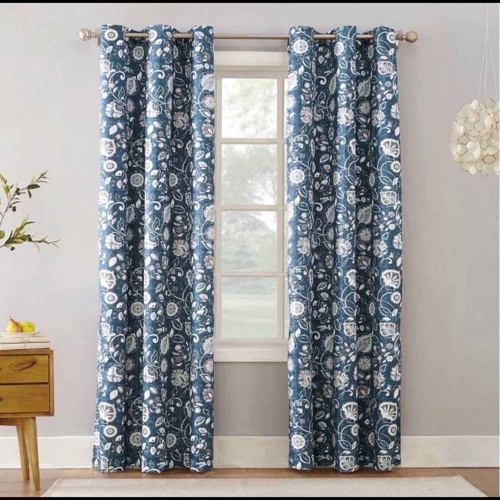 Set of 2 Panels Jorah Botanical Print Thermal Insulated Grommet Curtain‎ Blue